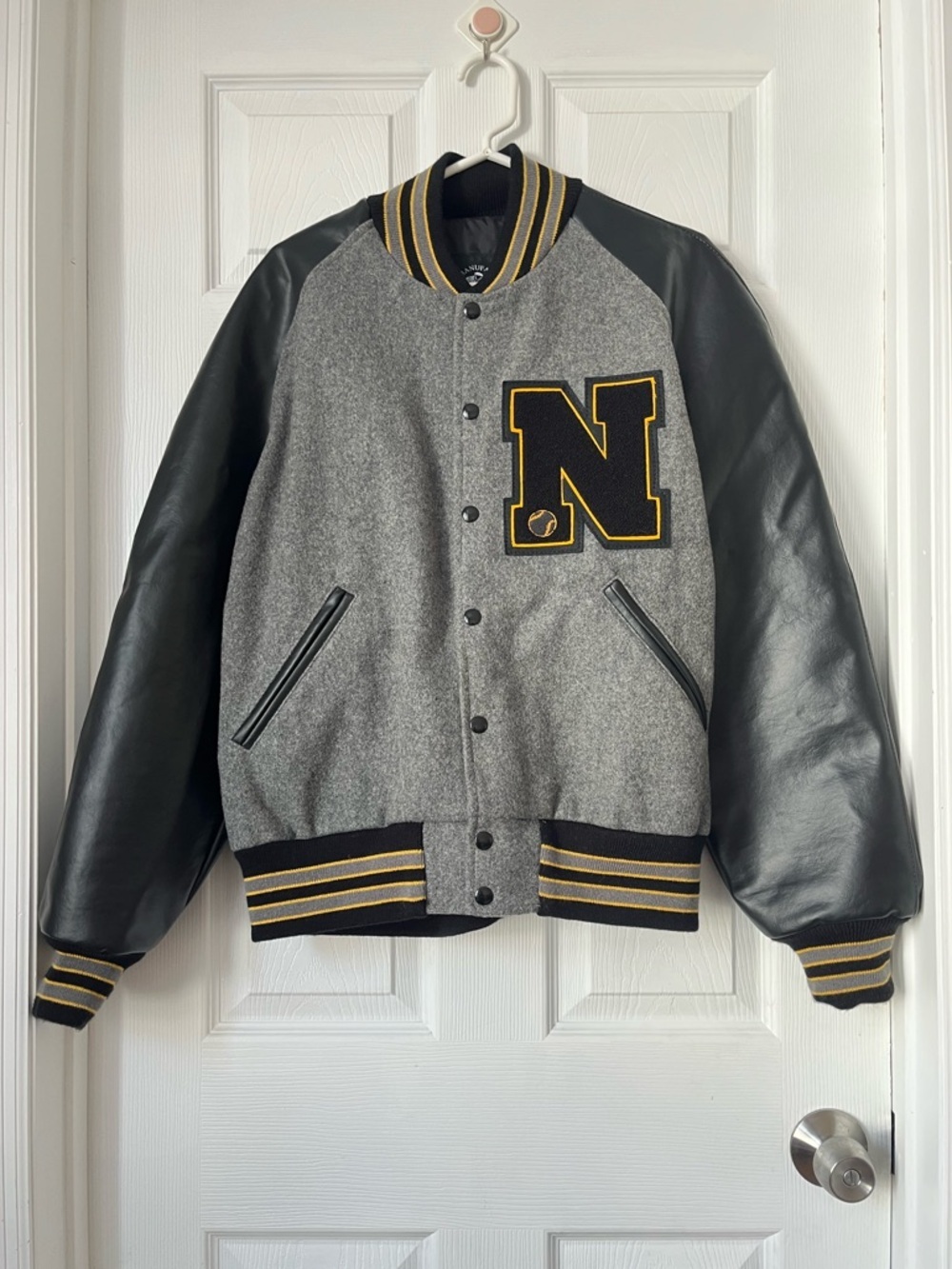 Tejas Mfg. Grey Black Wool Varsity Letterman N patch bomber Jacket Size XL